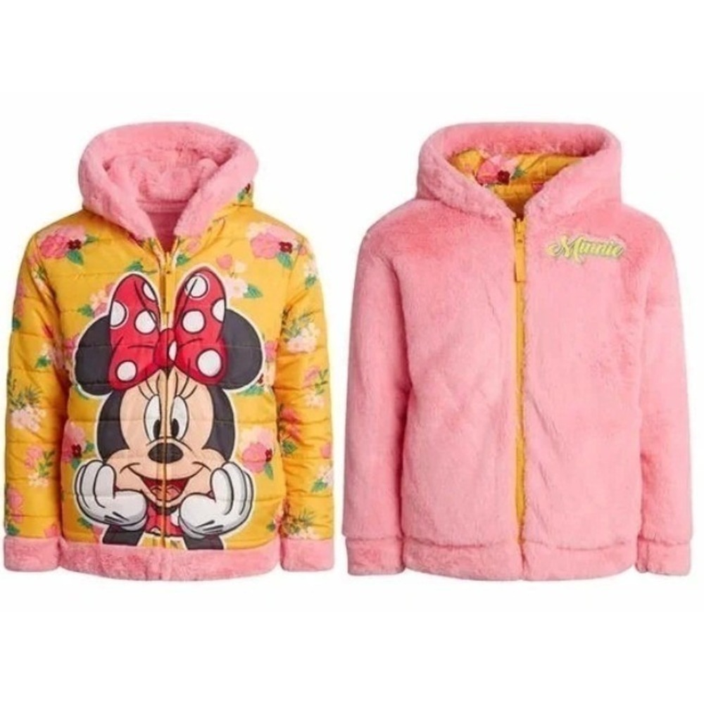 Disney Minnie Mouse Girls Puffer Faux Fur Hooded Reversible‎ Pink Jacket Size 3T